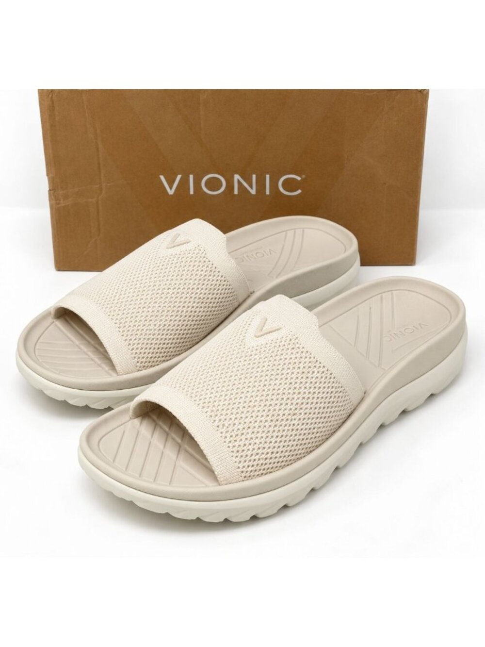 Vionic Haven RX Womens 8 M Ivory Knit Recovery Slide Sandals Arch Support